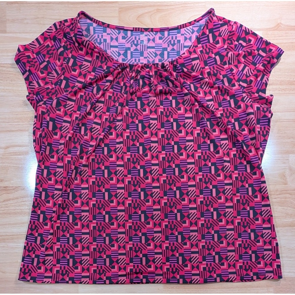 Worthington Woman 2X Pink Black Geometric Cap Sleeve Scoop Neck Blouse Top